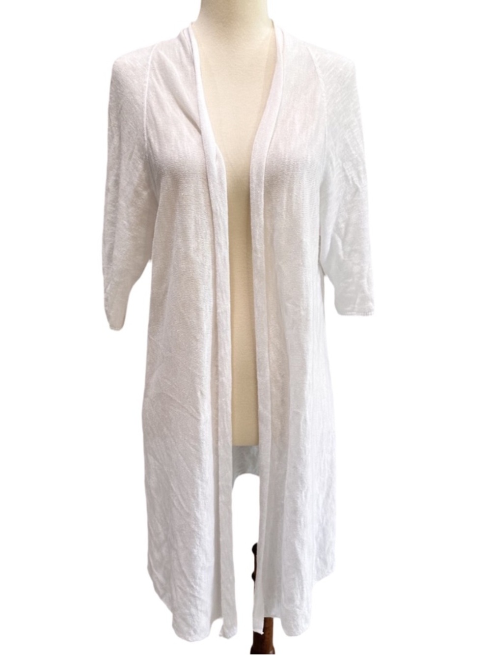 Eileen Fisher Organic Cotton Linen Lightweight White Open Front Duster Cardigan